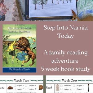 May include: A book study guide for "The Lion, the Witch, and the Wardrobe" by C.S. Lewis. The image features a book cover, a deer figurine, and a miniature Christmas tree. The text "Step Into Narnia Today" is also visible.