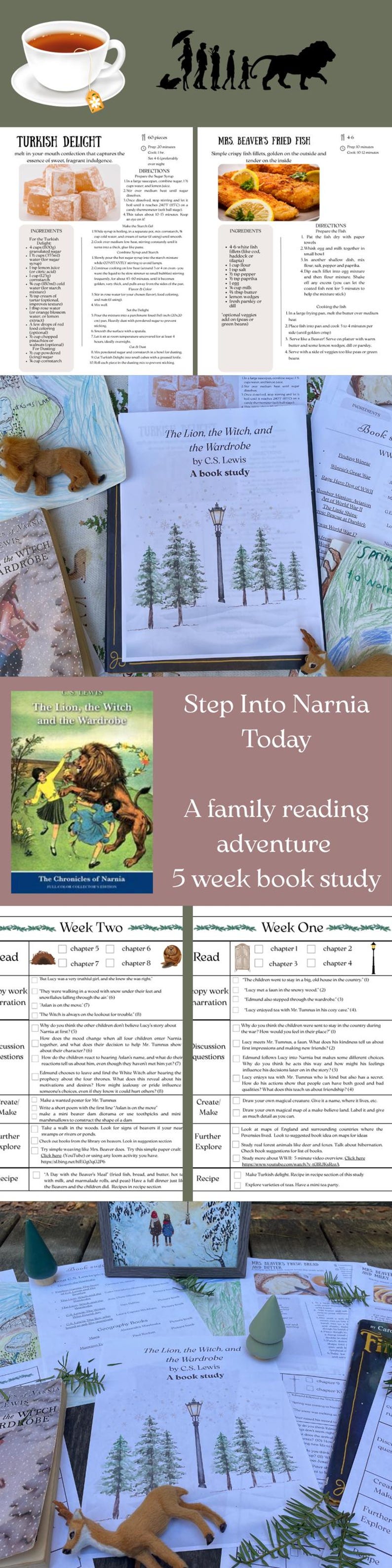May include: A book study guide for "The Lion, the Witch, and the Wardrobe" by C.S. Lewis. The image features a book cover, a deer figurine, and a miniature Christmas tree. The text "Step Into Narnia Today" is also visible.