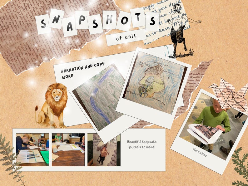 May include: A collage with the text "SNAPSHOTS of unit" and "NARRATION AND COPY WORK". Includes drawings, photos, and a lion illustration. The text "Beautiful keepsake journals to make" is also present.