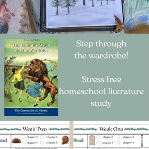 May include: Image features a book study guide for "The Lion, the Witch, and the Wardrobe" by C.S. Lewis. Includes study questions, activities, and recipes. The book cover is visible.