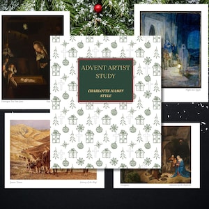 May include: A selection of art prints depicting religious scenes, such as the Nativity and the journey of the Magi. The prints are arranged around a central design with the text "Advent Artist Study" in a green and burgundy frame.