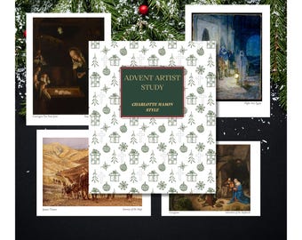 Puede incluir: Una colección de grabados artísticos con pinturas religiosas, incluyendo escenas de la Natividad y el viaje de los Reyes Magos. Los grabados se organizan alrededor de un diseño central con el texto "Advent Artist Study" en un marco verde y burdeos.