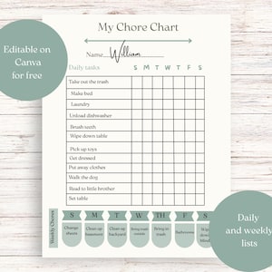 Może przedstawiać: Wydrukowany wykres obowiązków zatytułowany "My Chore Chart" z wpisanym imieniem "William". Wykres zawiera codzienne i cotygodniowe zadania, z możliwością edycji w Canva za darmo. Na jasnym tle drewnianym.