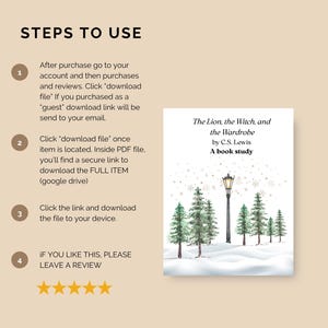 May include: An image with instructions on how to download a file. The image includes a book cover for "The Lion, the Witch, and the Wardrobe" by C.S. Lewis, with a winter scene illustration. The text reads "A book study".