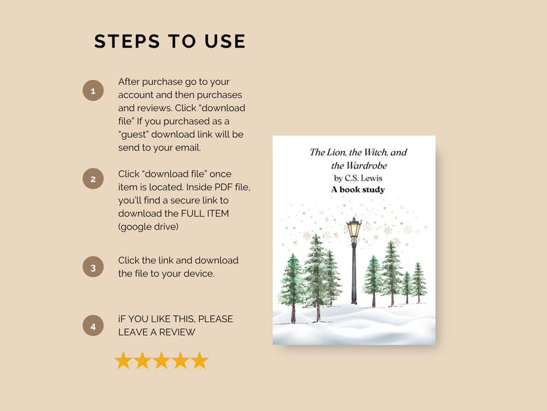 May include: An image with instructions on how to download a file. The image includes a book cover for "The Lion, the Witch, and the Wardrobe" by C.S. Lewis, with a winter scene illustration. The text reads "A book study".