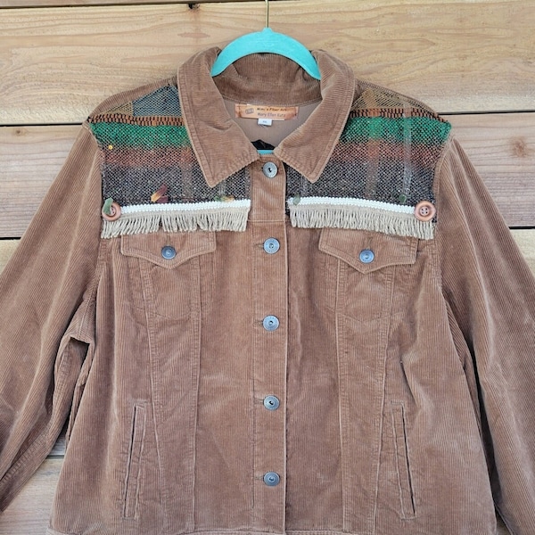 Fringed jean jacket, Corduroy fringed jacket, women's size XXL fringed jacket, embroidered jean jacket with handwoven fabric inset