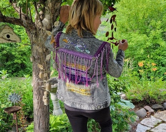 Textile art embellished denim jacket. ladies size S-M, handwoven fabric and machine embroidery by Mimi, One-of-a-kind art