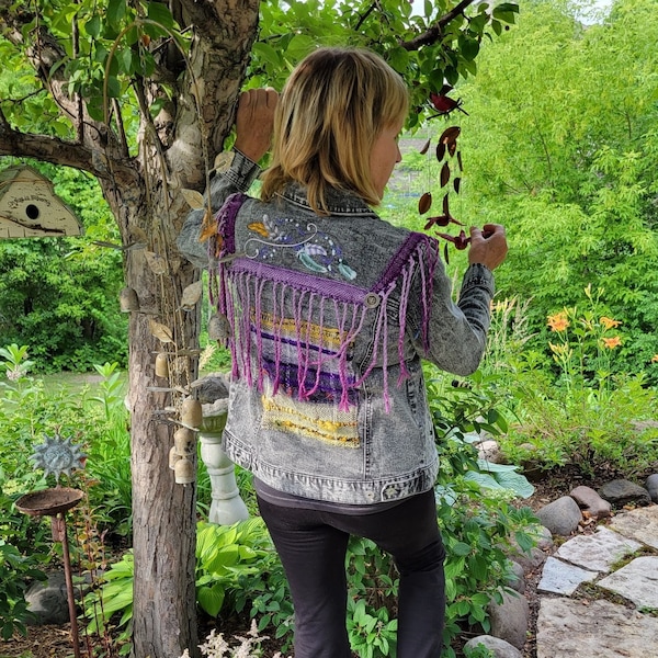 Textile art embellished denim jacket. ladies size S-M, handwoven fabric and machine embroidery by Mimi, One-of-a-kind art