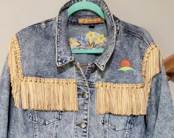 Fringed denim jacket embellished with embroidery and handwoven cloth, size women's 2x