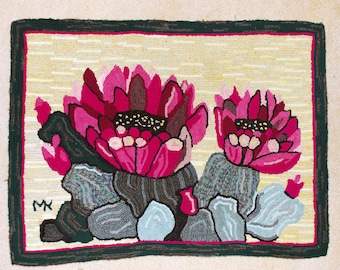Hooked Wool Rug: Primitive Cacti Tapestry Wall Hanging