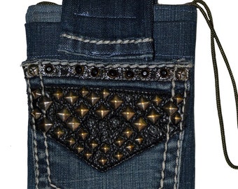 Upcycled denim pocket bag, steampunk look bag, 5" x 7" phone bag, iPhone case, iPhone sleeve, clip on phone bag, belt bag