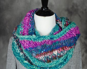 72" long handknit cowl, wool, silk, mohair fibers used in hand dyed and hand dyed yarn, 10" wide with edges that roll up