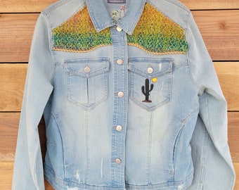 Vintage denim jacket size XS/S, embellished jacket, southwest style denim jacket, embroidery and handwoven fabric and fringe on back