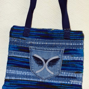 Upcycled denim tote bag, handwoven tote, denim bag, denim tote bag