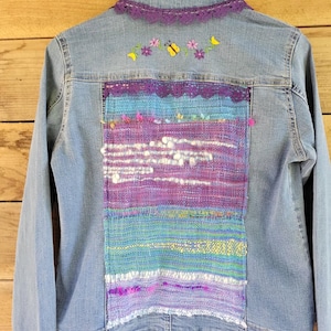denim jean jacket embellished with embroidery, handwoven cloth, and purple lace trim, One-of-a-kind jacket