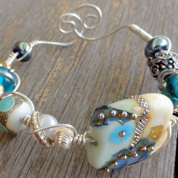 Blue on Blue Multi Hued OOAK  Lampwork Bead Sterling Silver Wire Wrapped Bracelet