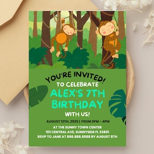 Cute Monkey Birthday invitation, Monkey birthday party invite, Editable Canva Template, Fun and Unique Invite Design, Monkey Theme , kids