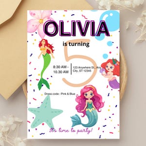 Faire-part petite sirène Anniversaire petite sirène Petite fête sirène Invitation Ariel Anniversaire Ariel Invitation modifiable aquarelle Ariel