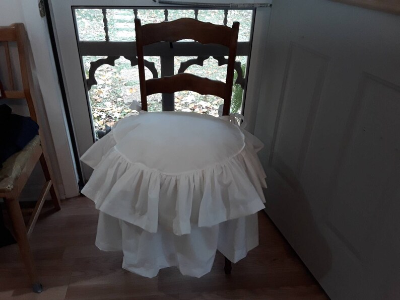 Farmouse Round Chair Seat Cover Free Ship With Long Full Double Ruffle White Or Cream Cotton Muslin With Fiber Insert