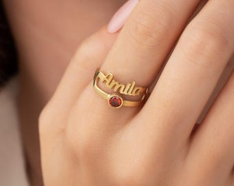 14K Gold Plated Name Ring with Personalized Birthstone Design