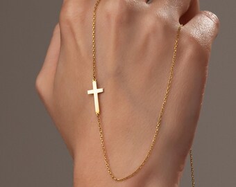 Dainty Sideways Cross Necklace, 14K Gold Minimalist Christian Jewelry