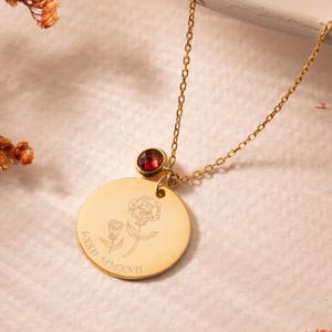 Personalized Birthstone Disc Necklace: Engraved Gold Pendant, Custom Jewelry Gift