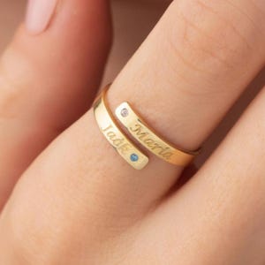 Custom 14K Gold Birhtstone Ring, Double Name Band Ring for Engraved Gift, Silver Jewelry Couple Band Ring, Personalized Jewelry Gift For Her