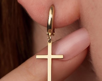Brincos de argola em forma de cruz em ouro 14K: joias religiosas em prata esterlina