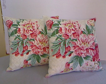 Throw Pillow Covers / Handmade /  Designer Floral Fabric / Pink Peonies / Cottage Chic / Two Available