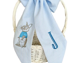 Boys Monogrammed Easter Basket Seersucker Bunny Bow Sash