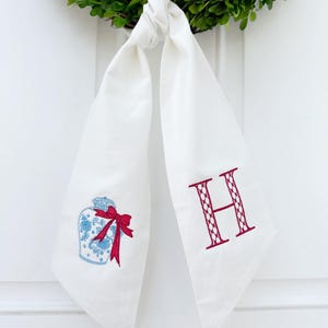 Chinoiserie Christmas Ginger Jar Bow Monogrammed Wreath Sash