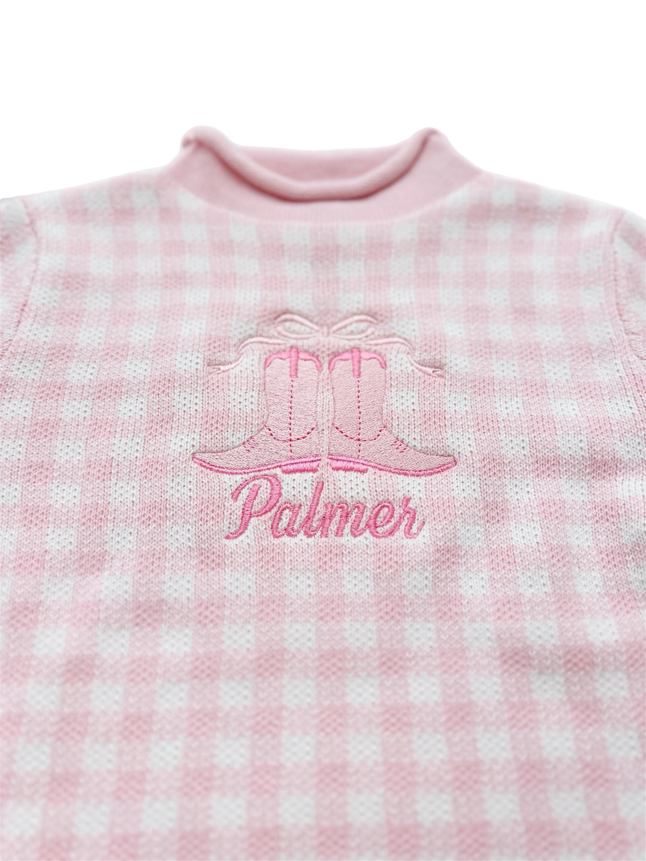Gingham Roll Neck Kids Embroidered Coquette Pink Cowgirl Sweater