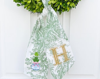 Grandmillennial Coquette Toile Chinoiserie Topiary St. Patrick’s Day Wreath Sash