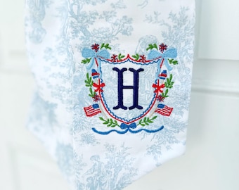 Grandmillennial Chinoiserie 4th of July Blue Toile Wreath Sash