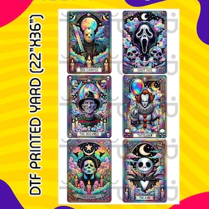 May include: A DTF printed yard sheet featuring six colorful horror-themed designs. Each design, approximately 11" x 12", includes characters like Jason Voorhees, Ghostface, Freddy Krueger, Pennywise, Michael Myers, and Jack Skellington. The sheet is 22" x 36".
