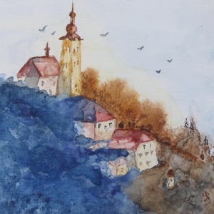 ORIGINAL Watercolor Painting &quot;Hilltop Serenity&quot; 7&quot; x 9&quot; canvas panel