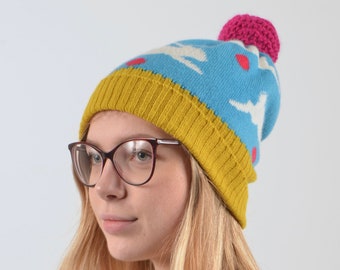 Lambswool Knitted Bunny Rabbit Hare Bobble Hat - pom pom - Turquoise - white - spots - Women's - Mens - Bunny Lovers - made in scotland