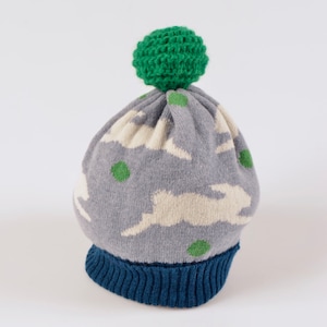 Grey Knitted Lambswool pom pom Bobble Hat Running Bunny Rabbits Navy White Scottish Textiles Made in Scotland