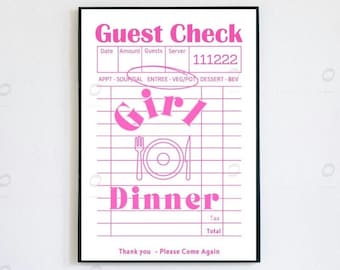 Meisjesdiner | Afdrukbare muurkunst | College appartement afdrukken | Poster voor gastencheque| Roze barkar kunst | Cadeaus van de chef-kok