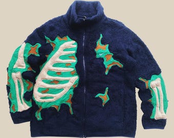 1 of 1 reworked / upcycled nike 3d puff skeleton navy sherpa jacket size s