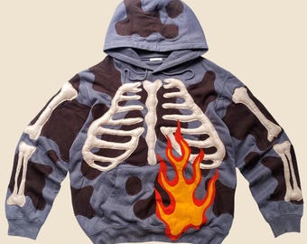 1 of 1 Re-worked 3D puff skeleton with flames hoodie size Large