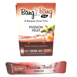 May include: A box of Bang Bang Tea Passion Fruit drink mix with a single serving packet. The box is red and white with a picture of a glass of iced tea. The packet is red and white with the text "Passion Fruit Drink Mix" and "Bang Bang" printed on it.