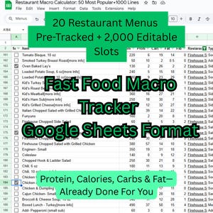 Fast Food Macro Calculator | 20 Popular Restaurants Nutrition Info Tracker | Google Sheets Digital Download | Editable & Updatable