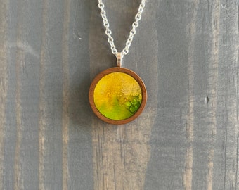 Yellow Green Gold Alcohol Ink with Resin in Wood Pendant Necklace 19” Silver Plated Chain