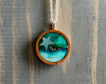 Teal and Gold Star Collage Alcohol Ink Wood Circle Pendant Necklace 18" Silver Plated Chain