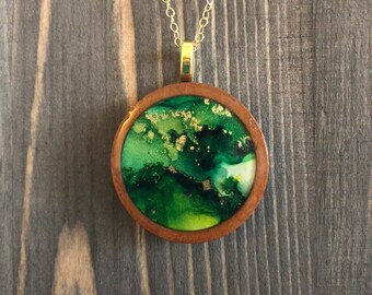 Green, Gold Alcohol Ink Wood Circle Pendant Necklace 18" Gold Filled Chain