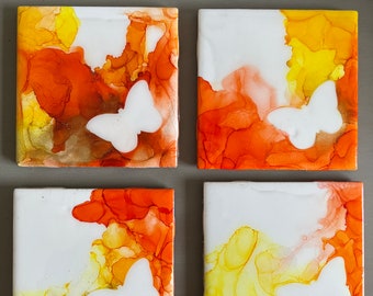 Butterfly Orange Yellow Alcohol Ink Painted Ceramic Coaster Set of 4