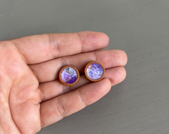 Purple Lavender Gold Alcohol Ink Wood Stud Earrings