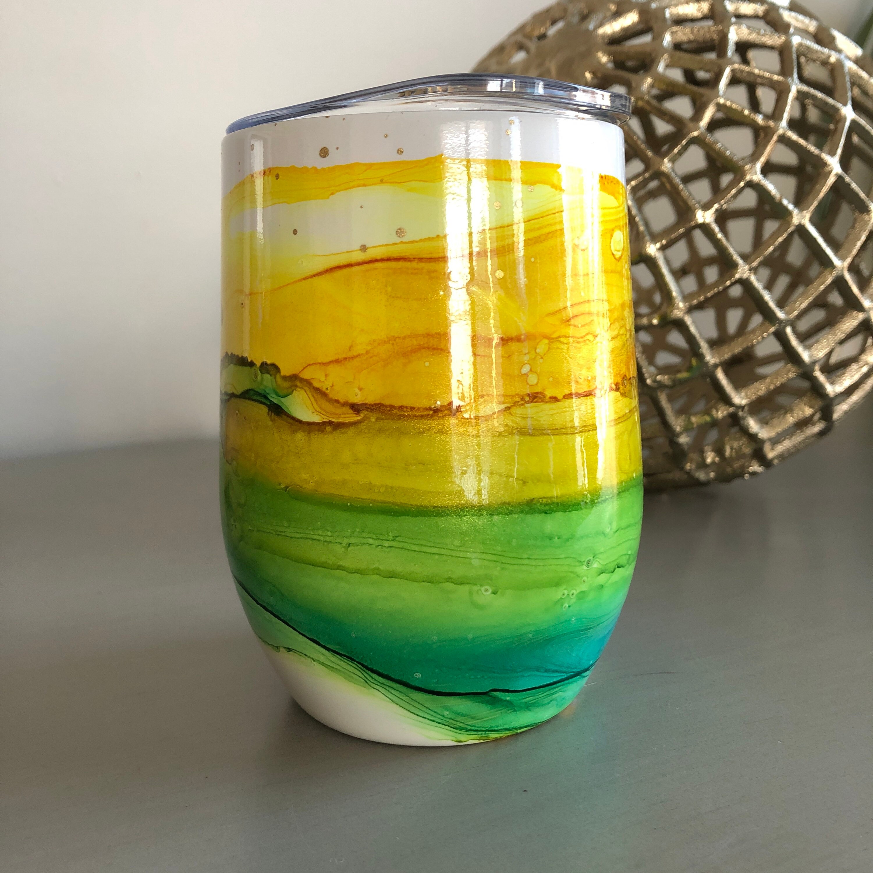 Yellow Blue Green Gold Handpainted Alcohol Ink Wine Tumbler Stainless Steel with Lid 12 oz