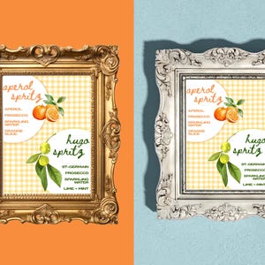 Peut inclure: Deux impressions encadr&eacute;es pr&eacute;sentant des recettes de cocktails. Un cadre est dor&eacute;, l'autre blanc. Chaque impression a un fond vichy jaune avec des illustrations d'oranges et de citrons verts. Le texte comprend "aperol spritz" et "hugo spritz".